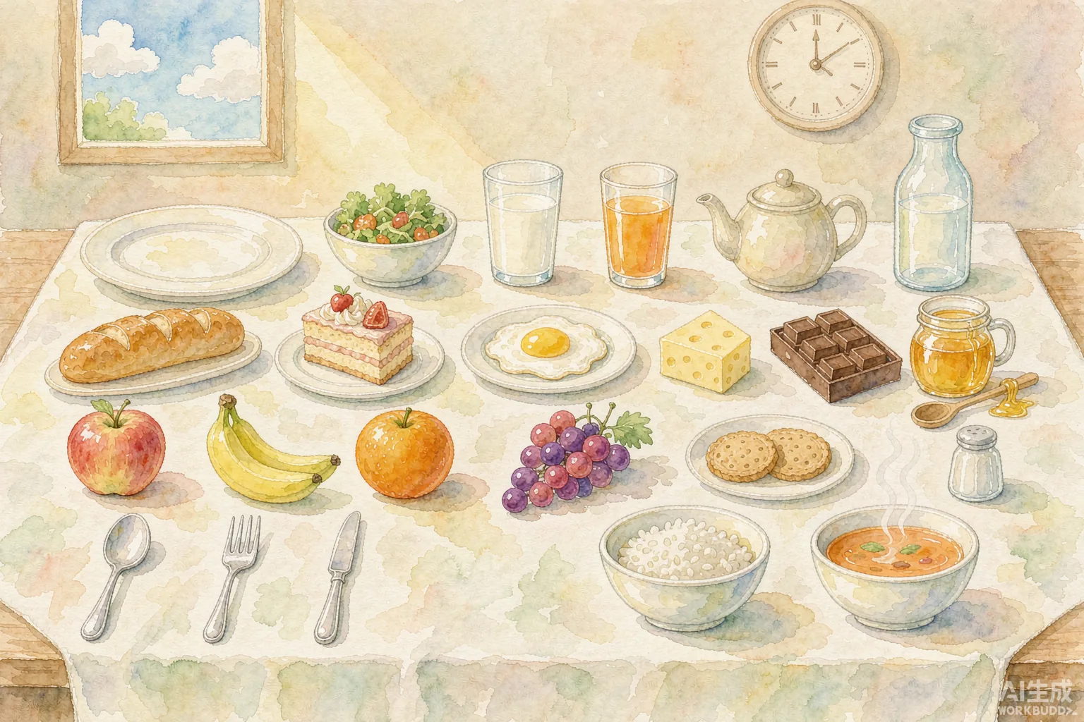 餐桌上的食物场景图：窗户、时钟、碟、碗、奶、汁等
